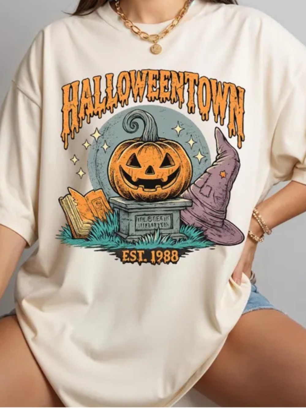 Gildan Off White Halloween Town Pumpkin Graphic Tee, Retro Trick or Treat Shirt